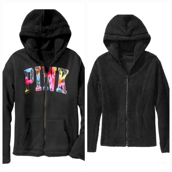 Victoria's Secret PINK Reversible Full Zip Sherpa Hoodie Jacket Women Size Small - Picture 1 of 12